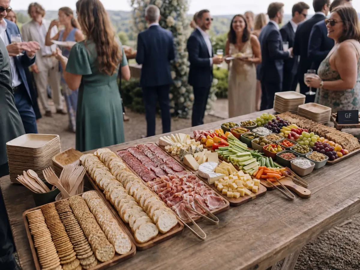 Long outdoor wedding grazing table with cheeses, cured meats, and crudités on the Front Range